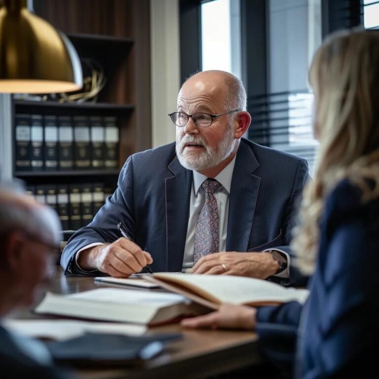A seasoned attorney sitting at a conference table discussing legal matters with clients, books and legal documents open in front of him.