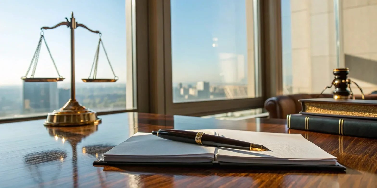 Construction law attorney tools: Scales of justice, pen, and law books.