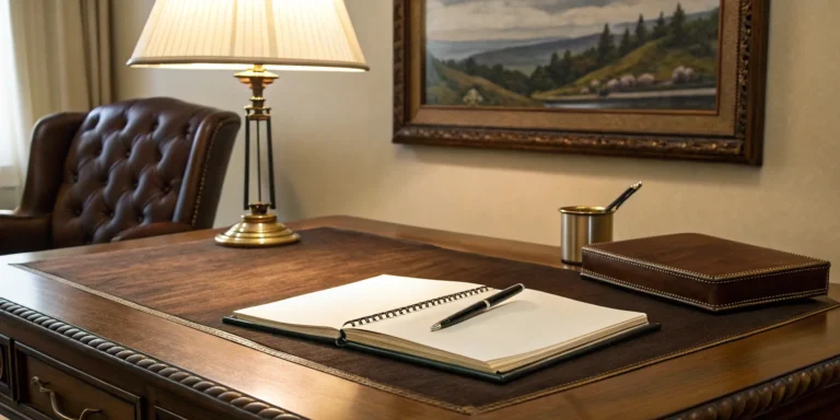 Dram shop liability attorney consultation: Notebook, pen, and lamp on desk.