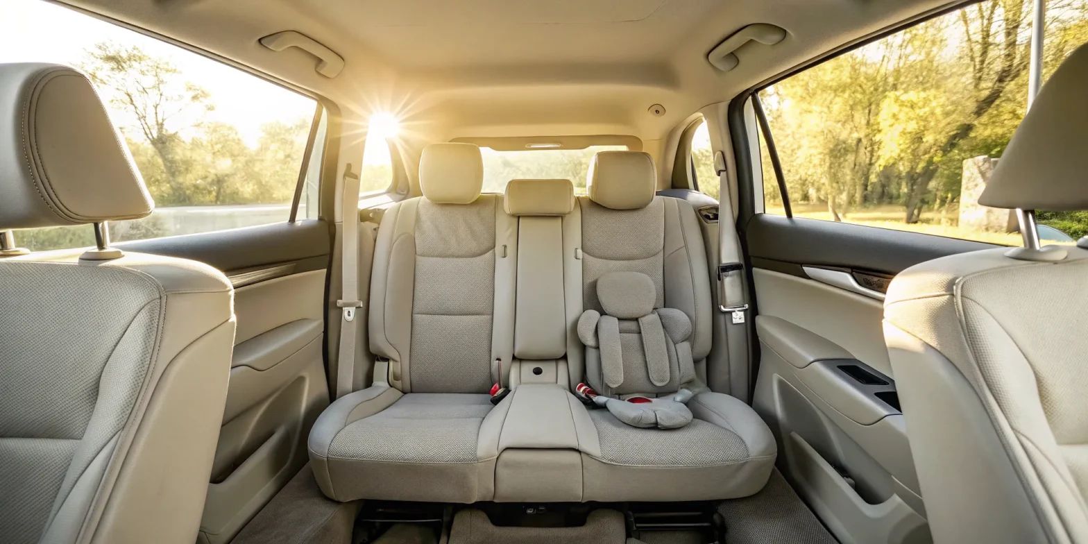 Child car seat installed in back seat of car.