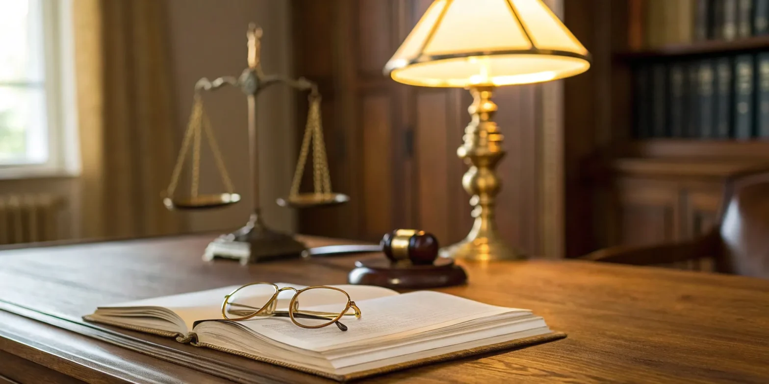 Law book, gavel, and scales of justice.