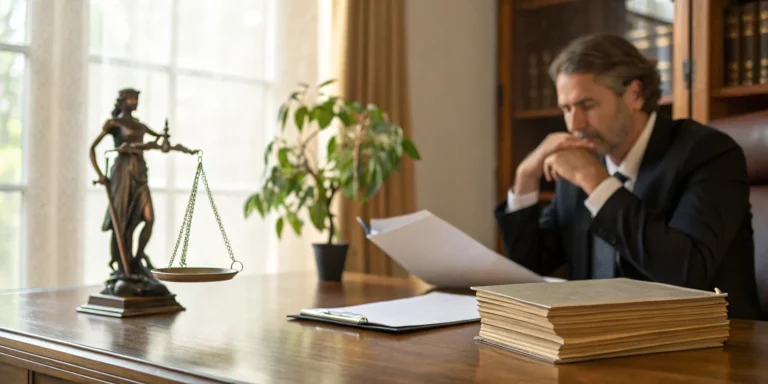 Mechanics lien attorney reviewing legal documents.