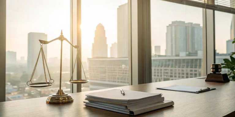 Springfield accident lawyer: Scales of justice and legal documents.