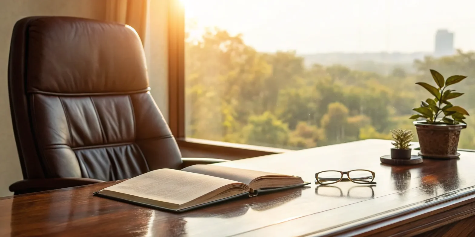 Columbia injury attorney: Book, glasses, and plants on an office desk.