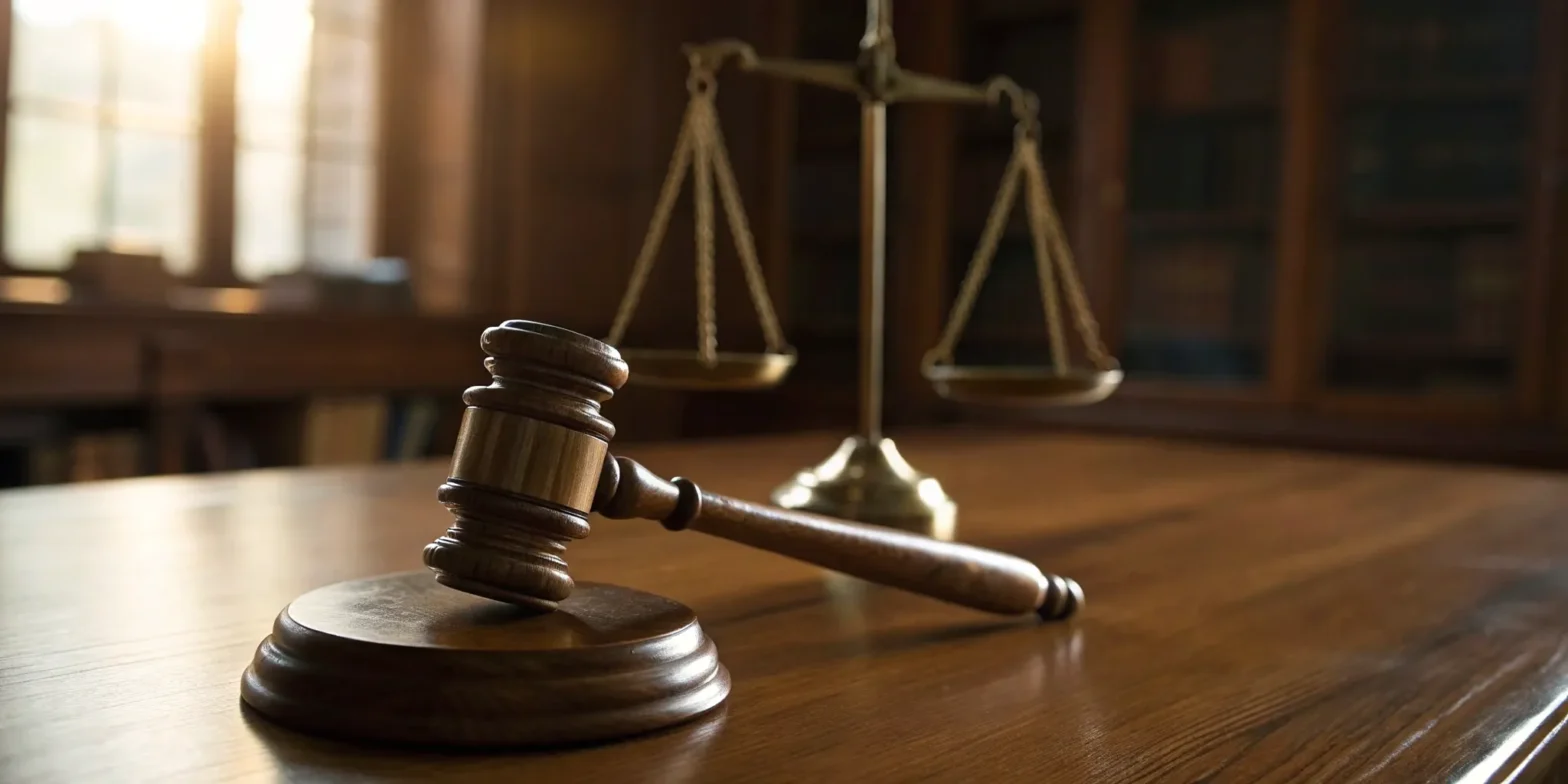 Strong arm lawyer's gavel and scales of justice.