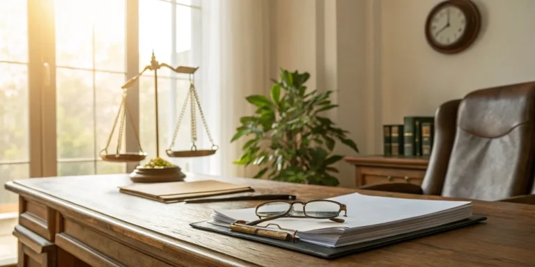 Scales of justice, legal documents, and eyeglasses on a desk. Springfield, MO attorney.