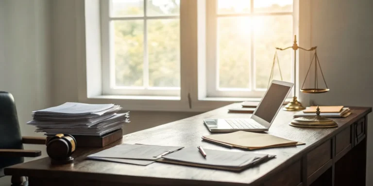 Scales of justice, gavel, and legal documents on desk.