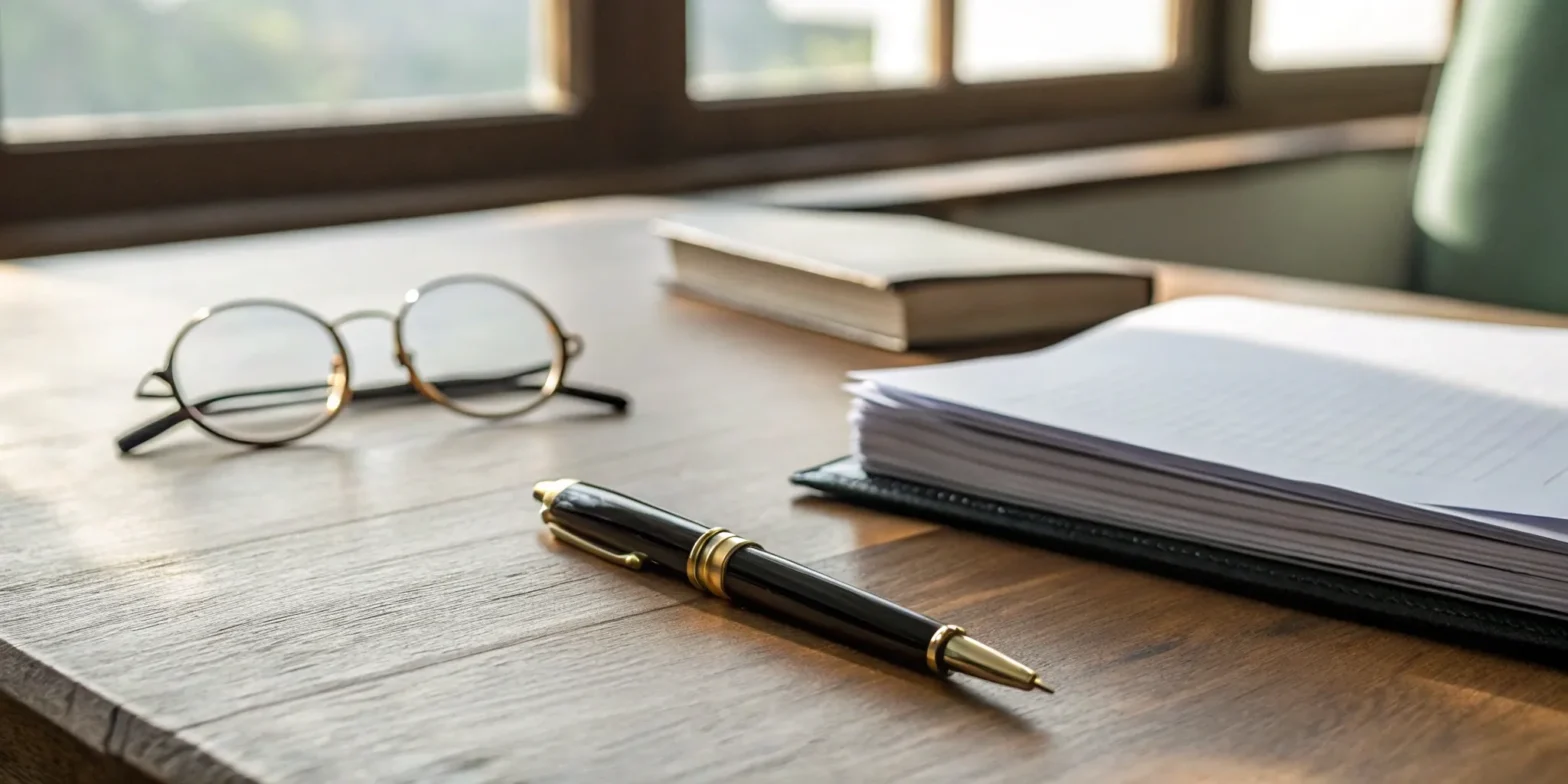 Missouri business debt collection laws documents, pen, and glasses.