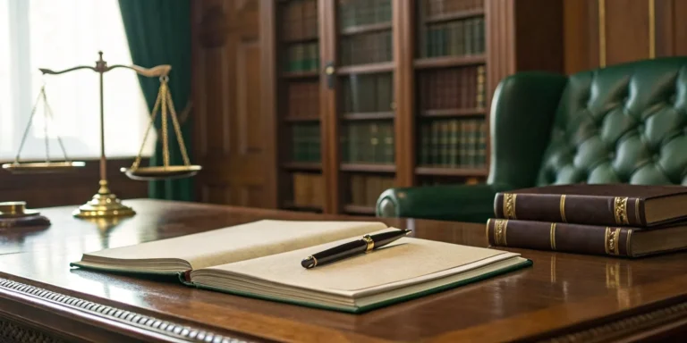 Scales, law book, and pen on desk.