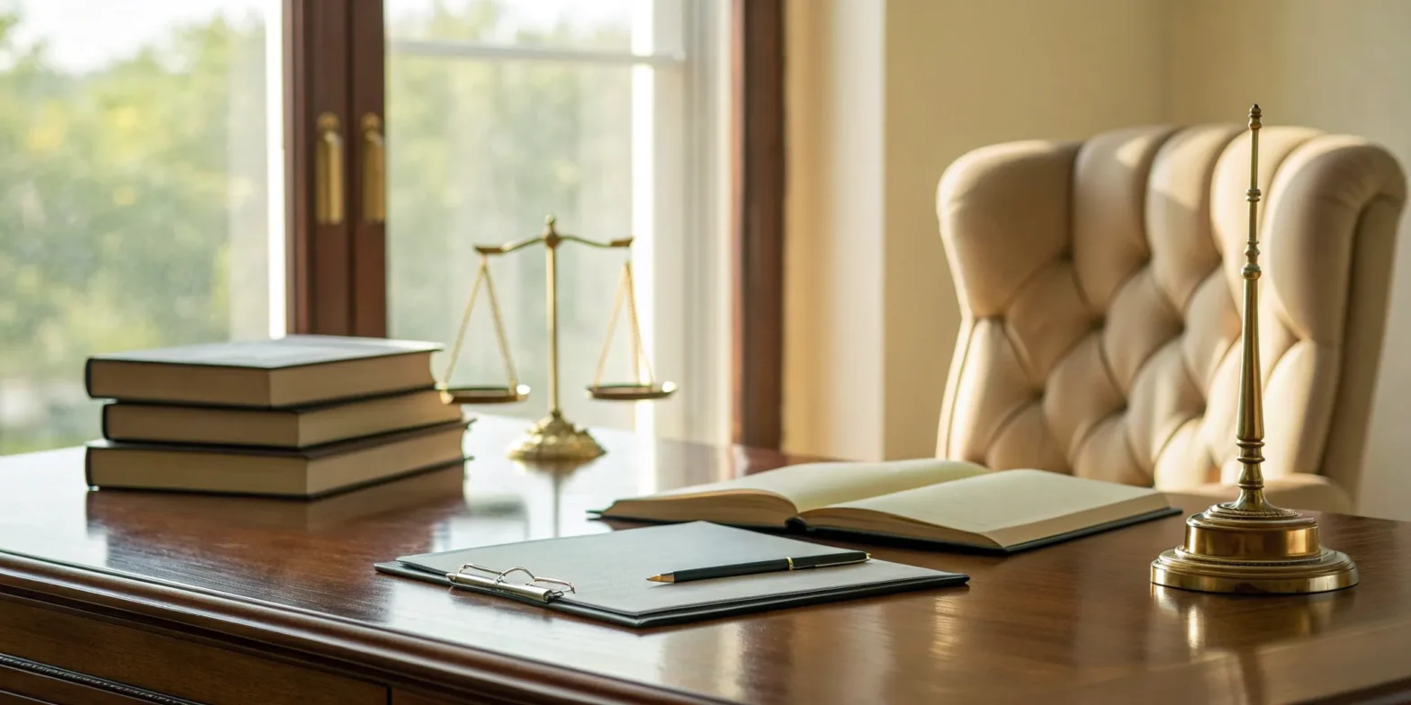 Scales of justice, legal books, and documents.