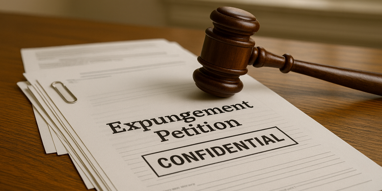 An expungement petition marked ‘Confidential’ alongside a judge’s gavel — symbolizing the legal process of sealing criminal records in Missouri courts.