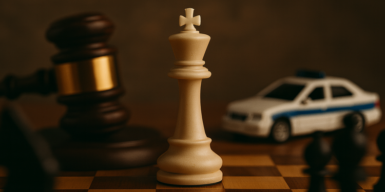 A judge’s gavel, a police car, and a white king chess piece on a chessboard, symbolizing the legal process, law enforcement, and strategic decisions involved in expunging a DWI conviction in Missouri.