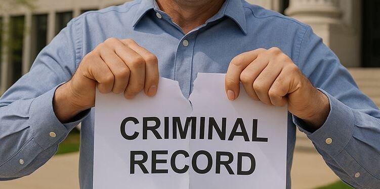 Man tearing a paper labeled “Criminal Record,” symbolizing a fresh start through expungement of past convictions in Missouri.