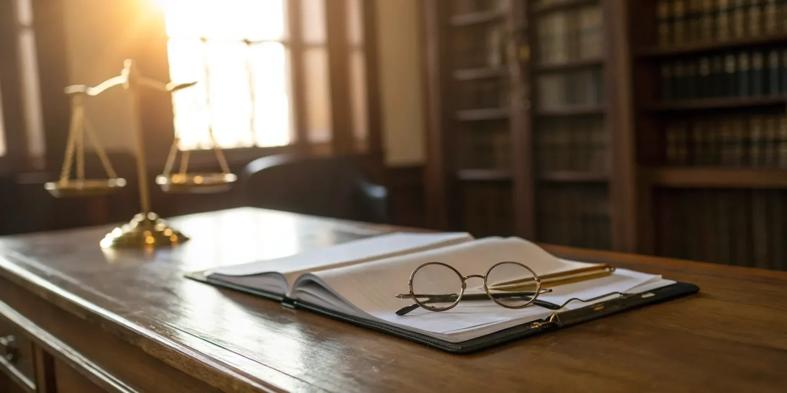 Springfield lawyer's office: Law book, eyeglasses, and scales of justice.