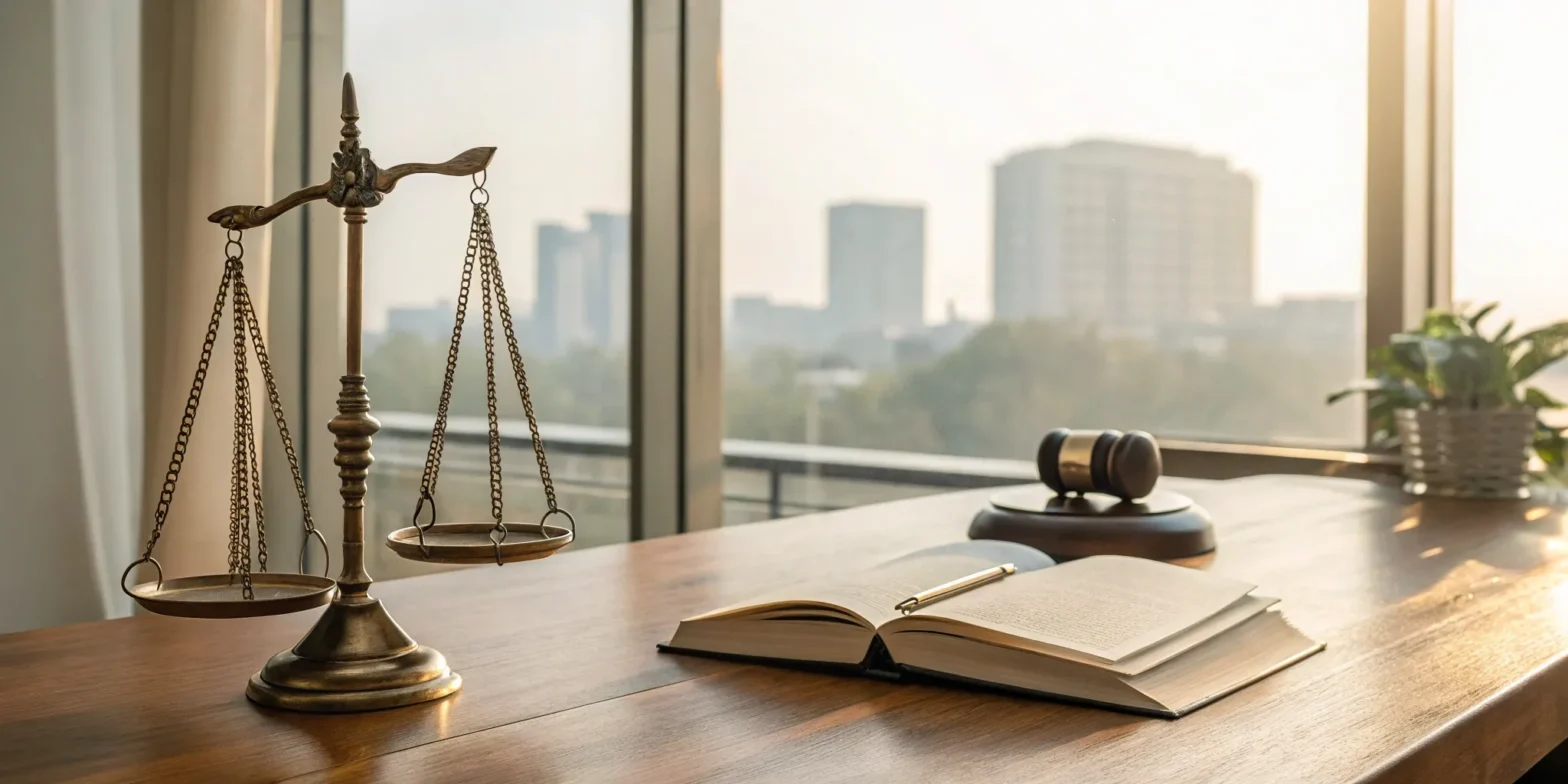 Springfield, Missouri lawyer's office with scales of justice, gavel, and law book.