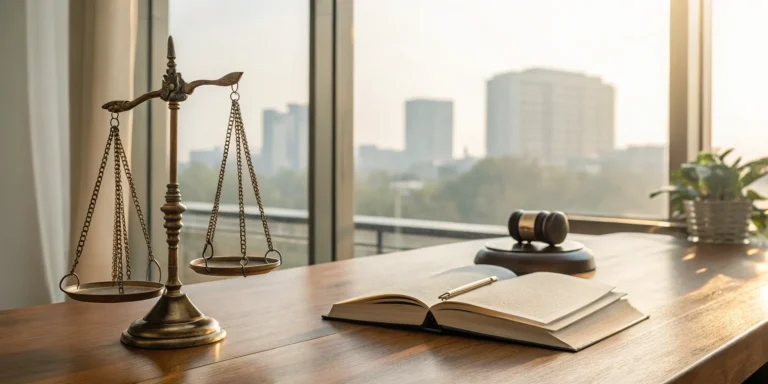 Springfield, Missouri lawyer's office with scales of justice, gavel, and law book.