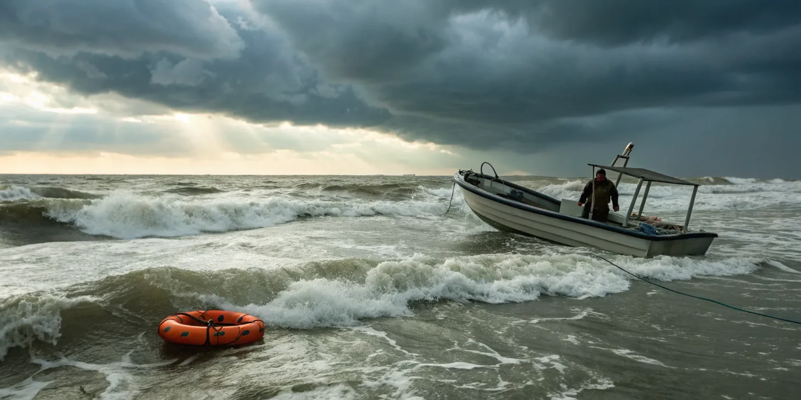 Overturned boat in stormy seas with nearby life ring.
