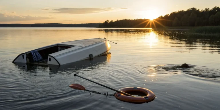 Overturned boat, life ring, and paddle.