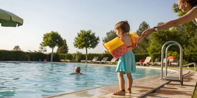 Adult supervising a child wearing floaties, a key practice for swimming safety.