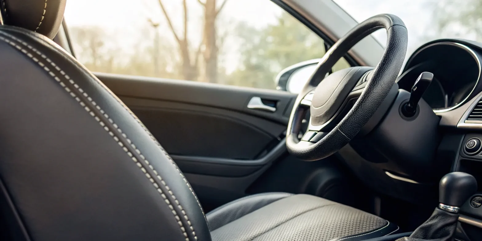 Driver positioned a safe distance away from the steering wheel.