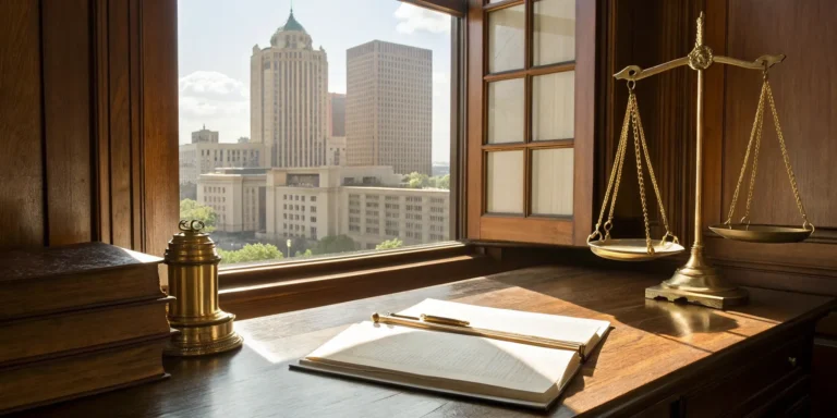 Springfield, MO work comp attorney's desk with law books and scales of justice.