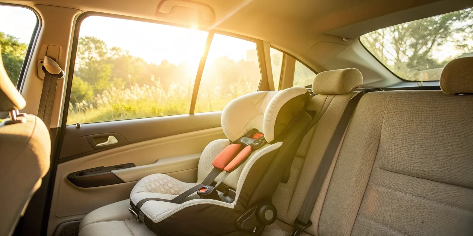 A child's booster seat correctly installed in a car to meet Missouri safety regulations.