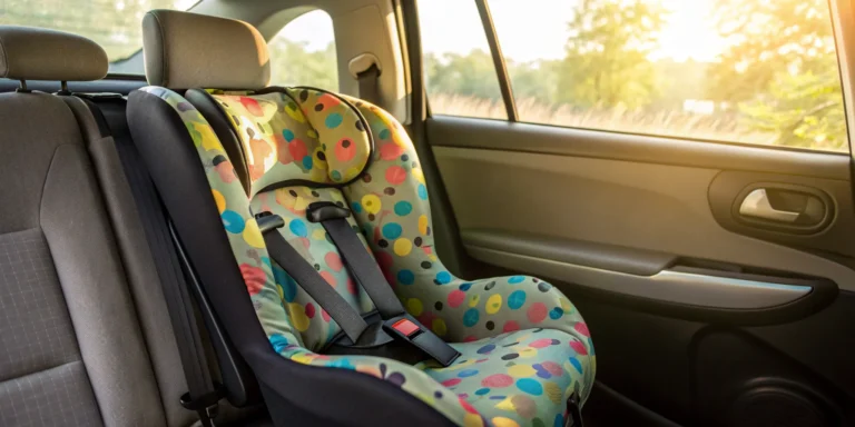 Child safety seat installed in a car's back seat, following Missouri safety laws.