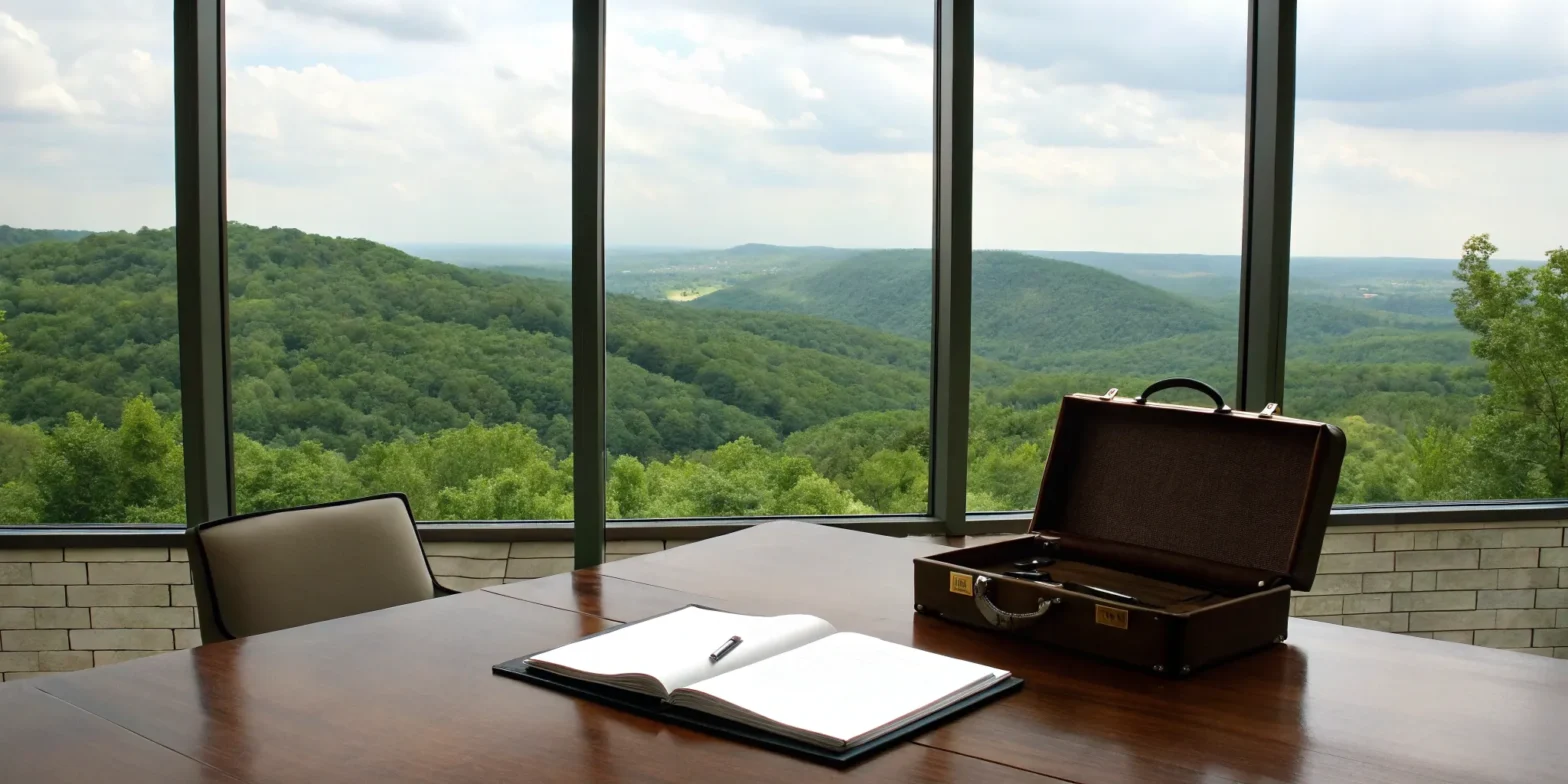 A lawyer's office in Ozark, with a briefcase and notebook overlooking the mountains.