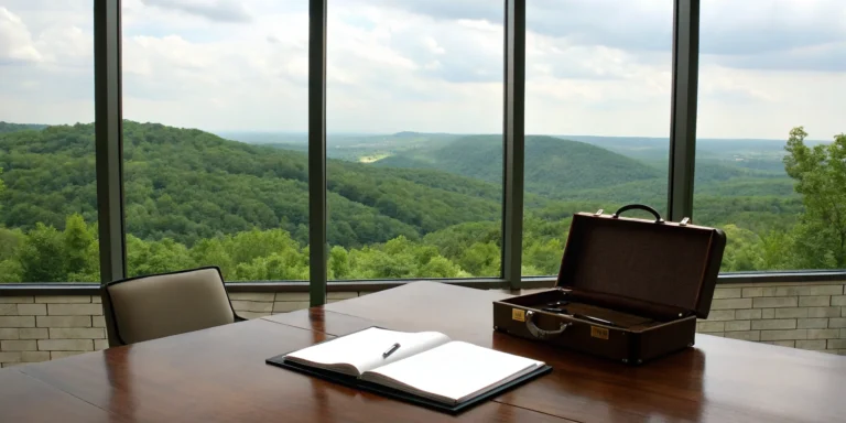 A lawyer's office in Ozark, with a briefcase and notebook overlooking the mountains.