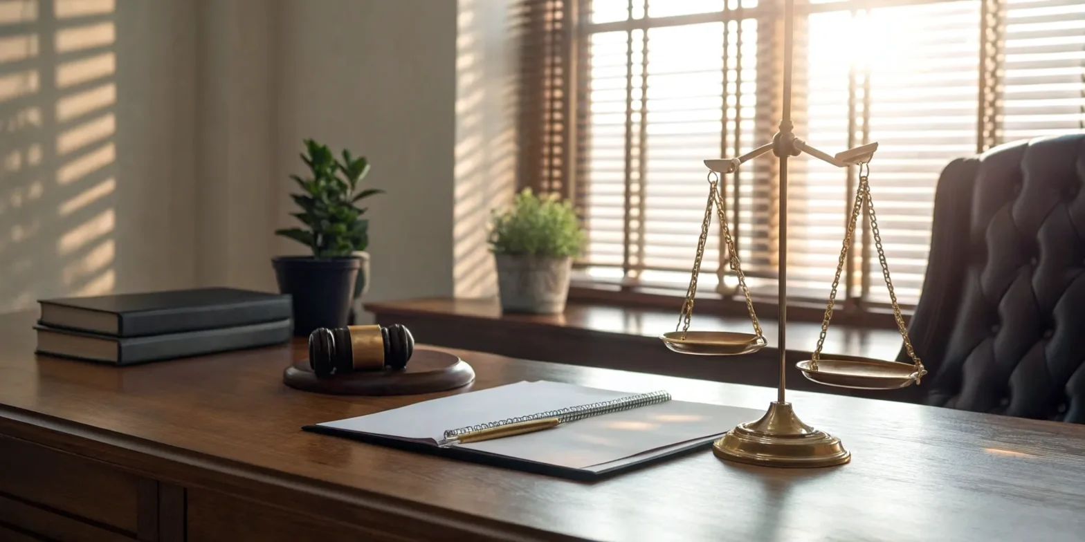 A workers comp lawyer in Springfield, MO at a desk with a gavel and legal documents.