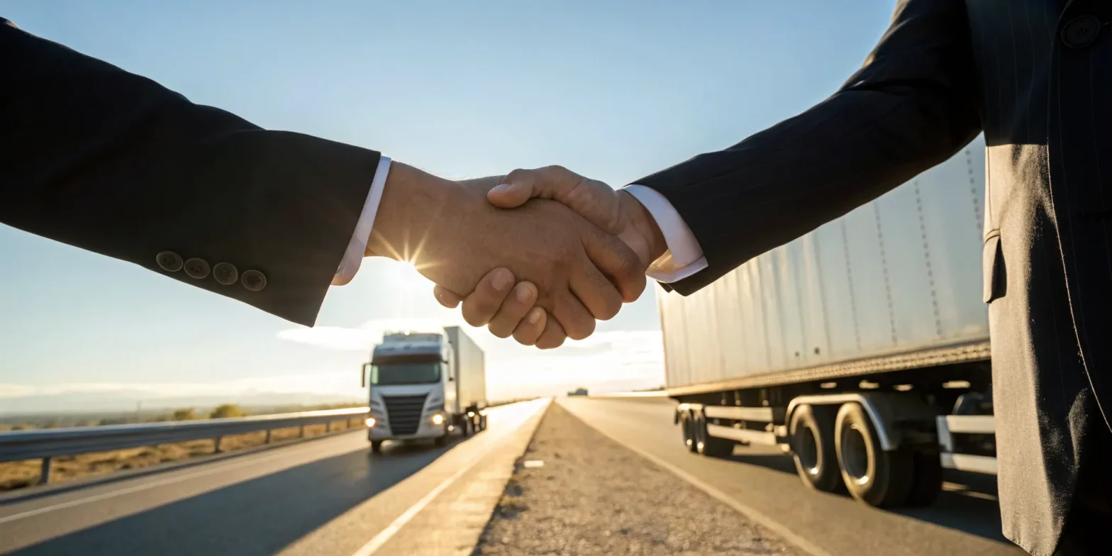 A lawyer from a Columbia truck accident law firm shakes hands with a client by a semi-truck.