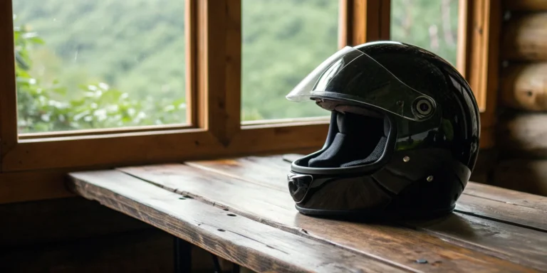 A black motorcycle helmet on a table, a key subject of the Missouri helmet law.