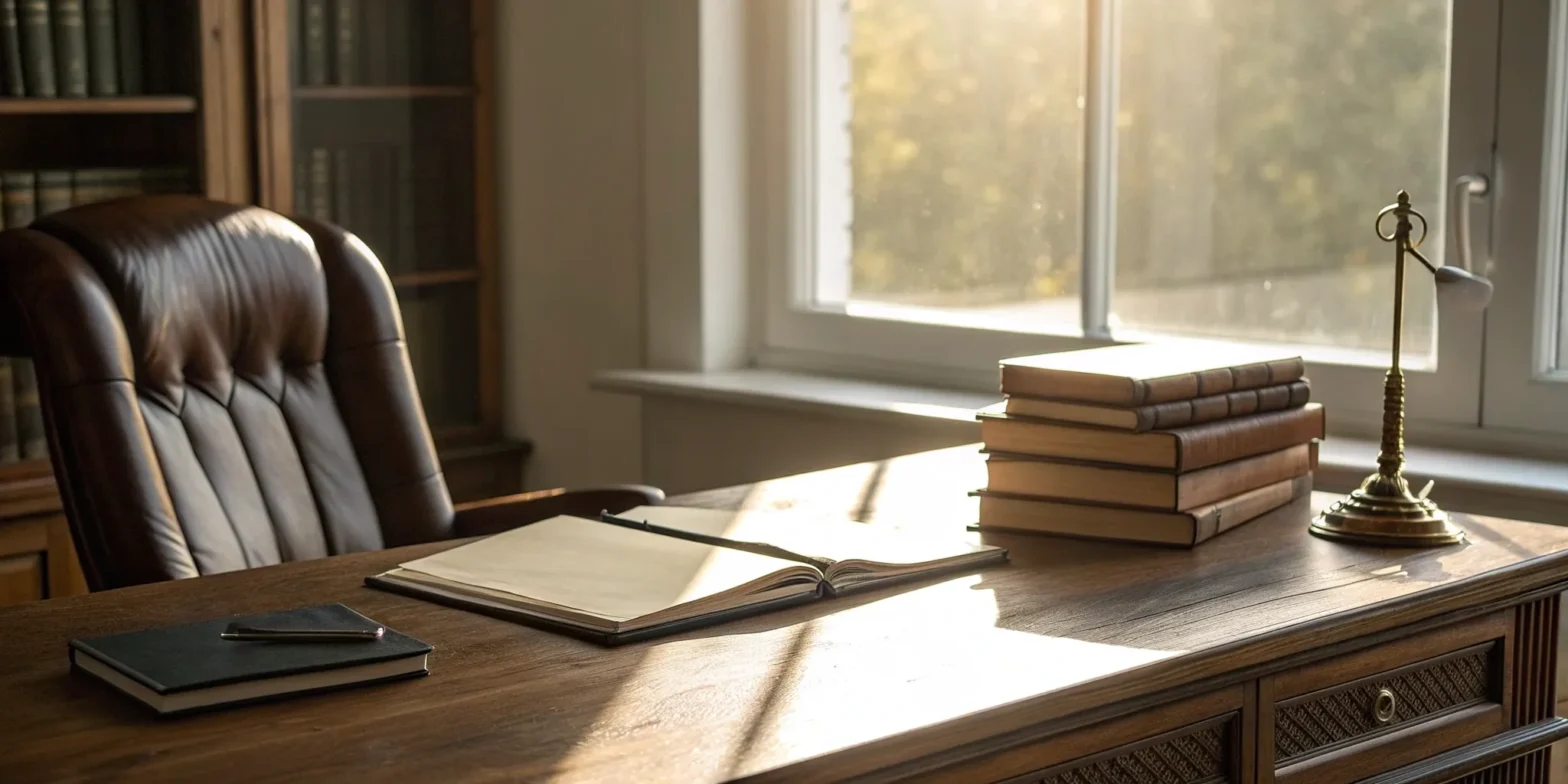 An office desk with law books for attorneys in Jefferson City, MO.