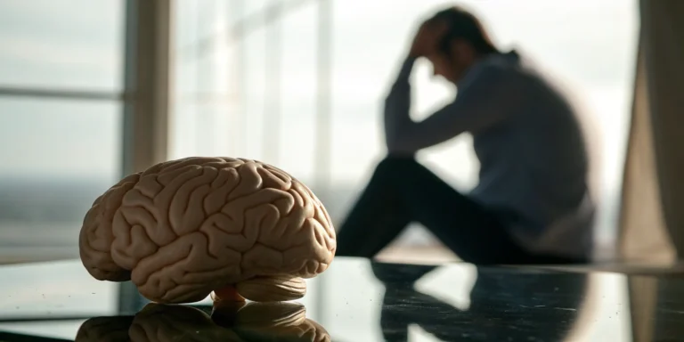 A brain model and distressed person showing how emotional trauma can cause brain damage.