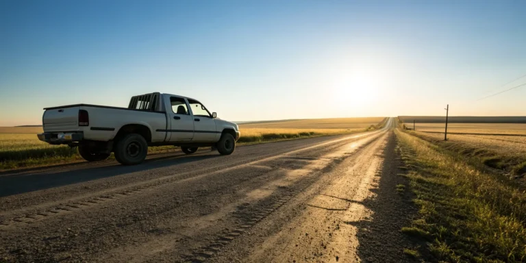 White pickup truck on a rural road, a subject of state laws about whether you can ride in the bed of a truck.