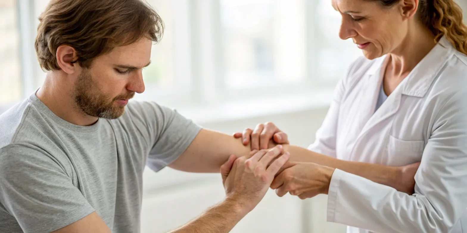 A doctor examines a patient's wrist to diagnose a common wrist injury.
