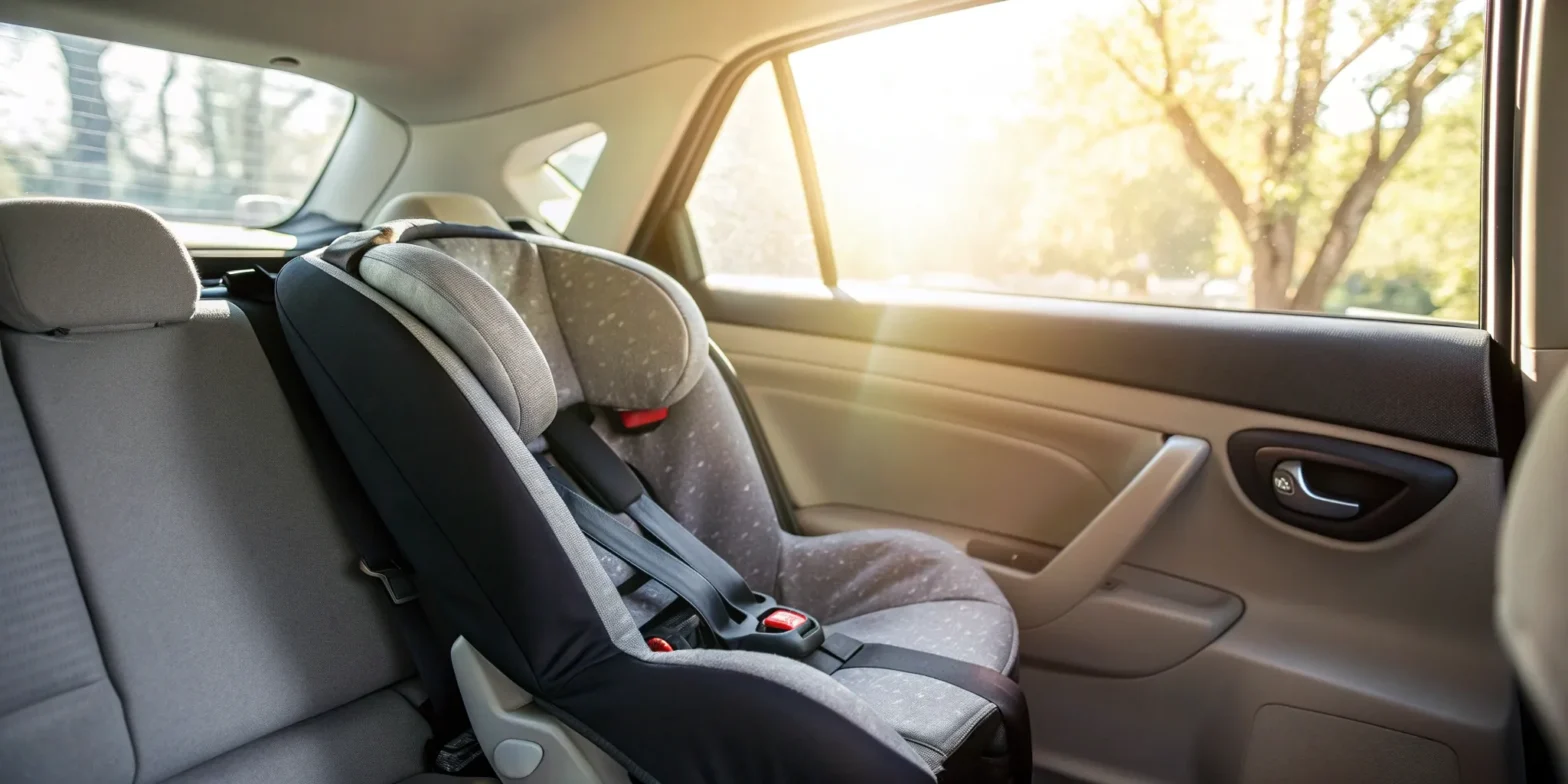 A child's booster seat correctly installed in a car's back seat, following Missouri law.