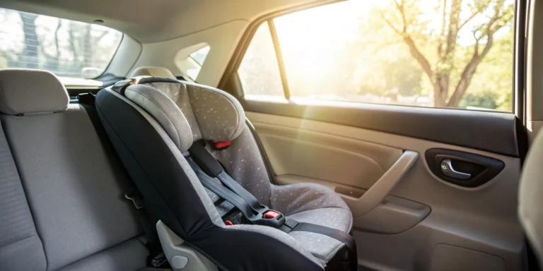 A child's booster seat correctly installed in a car's back seat, following Missouri law.