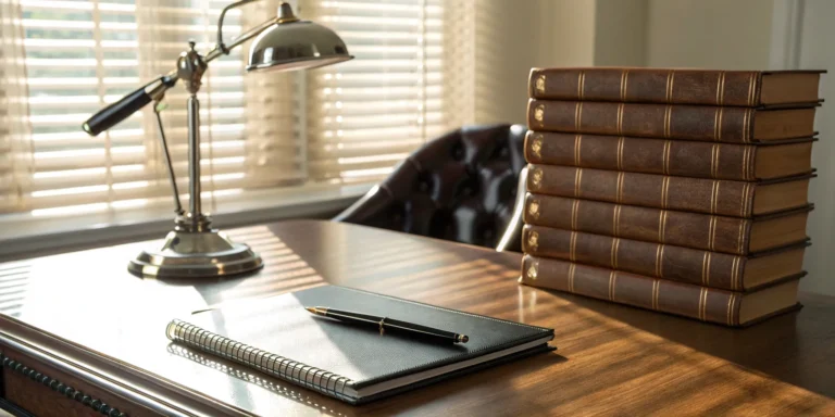A professional desk with law books and a pen in a Jefferson City attorneys office.