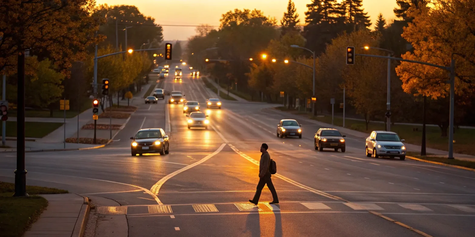 Cars yield the right of way to a pedestrian at an uncontrolled intersection.