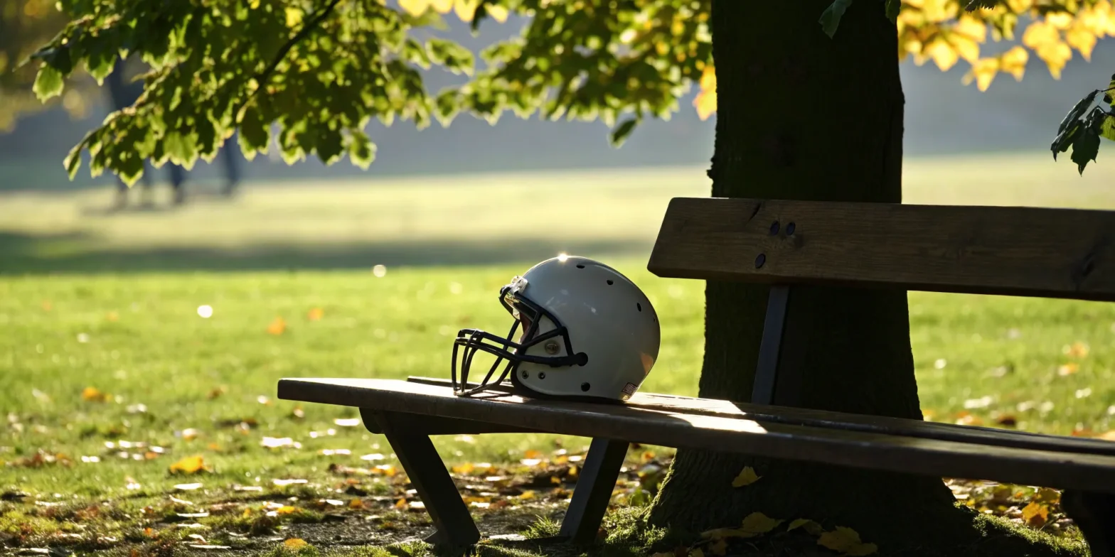 A football helmet on a bench, representing the link between head trauma and what CTE is.