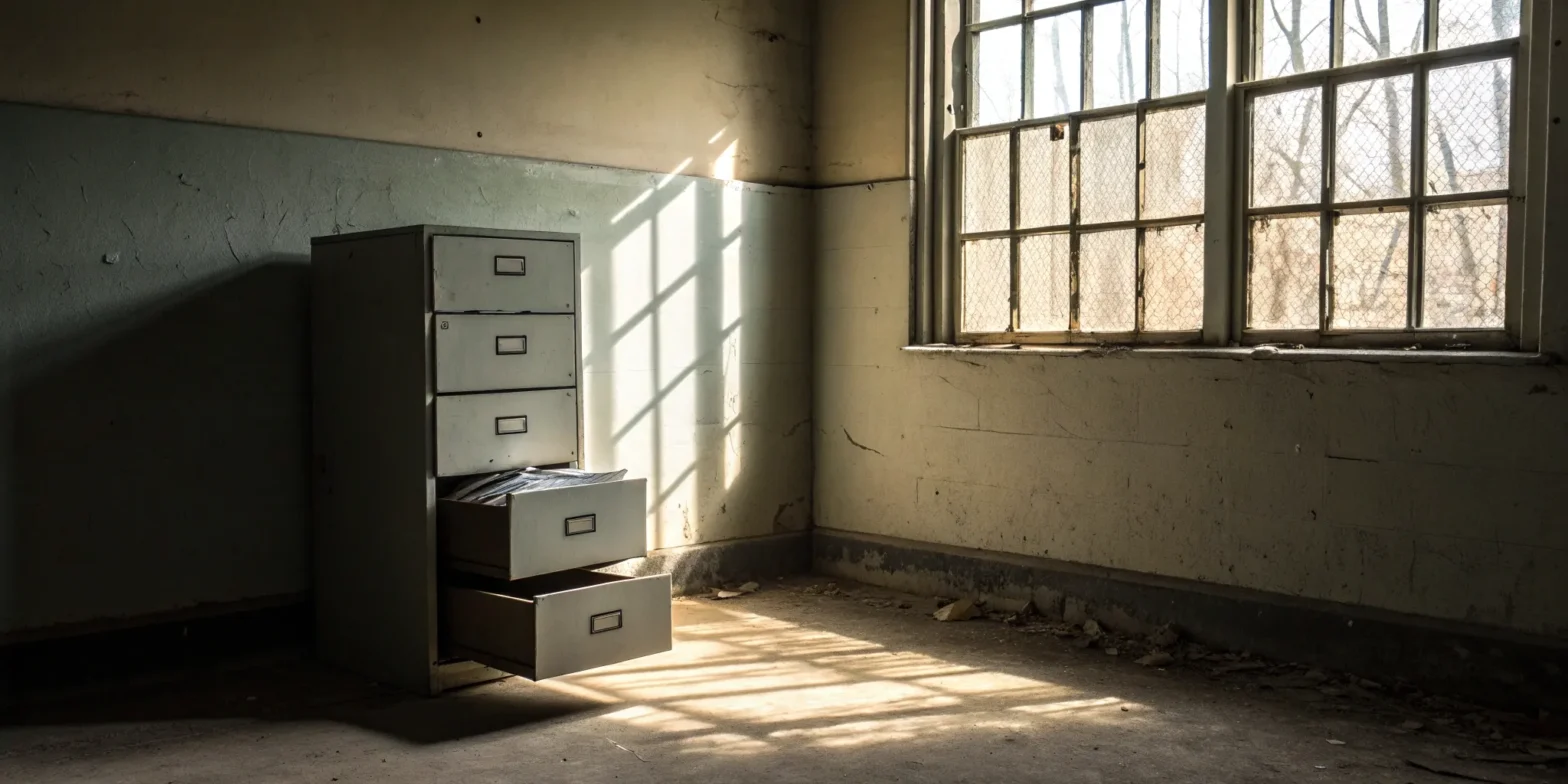 A dusty, abandoned file cabinet representing a claim ignored due to bad faith insurance.