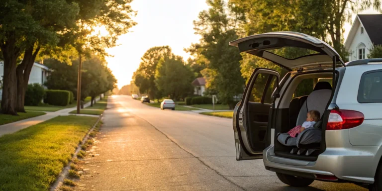 Child properly buckled in a booster seat in the back of a car, meeting Missouri requirements.