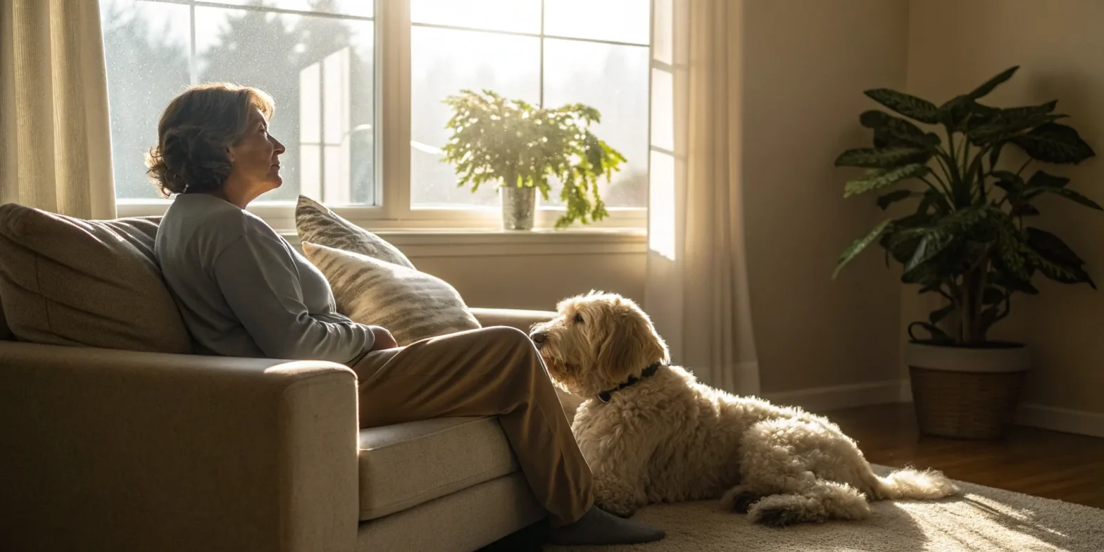 A woman and her emotional support dog relaxing at home, a right covered by Missouri ESA laws.