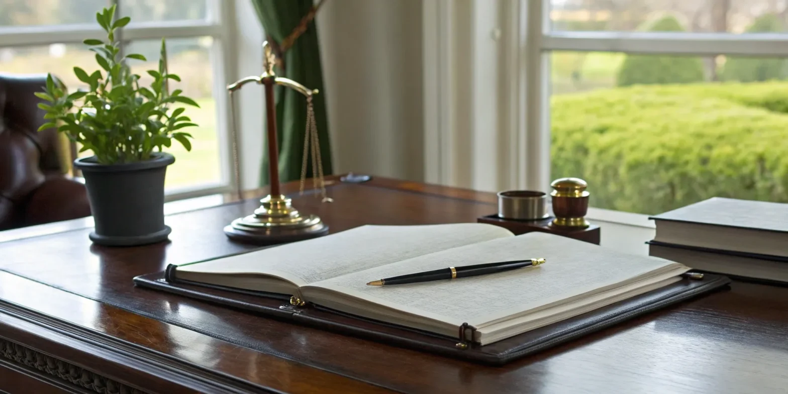 Estate planning documents on the desk of a Springfield, MO attorney with scales of justice and law books.