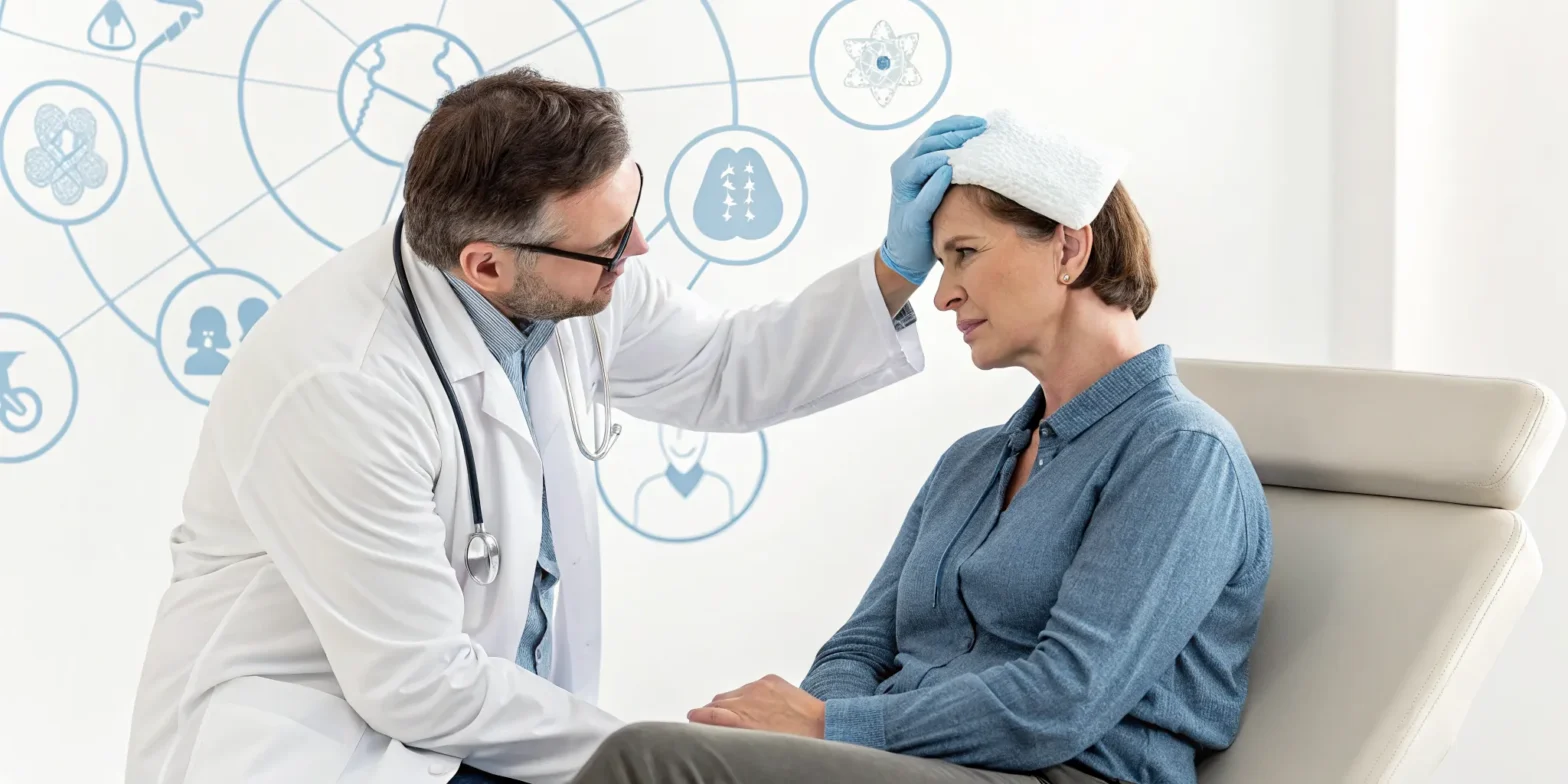 Doctor examines a woman with an ice pack on her head for a closed head injury.