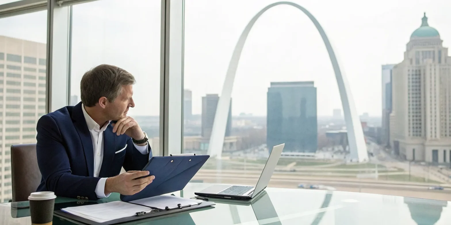 Insurance claim lawyer in Missouri reviewing a case file in an office overlooking the St. Louis Arch.