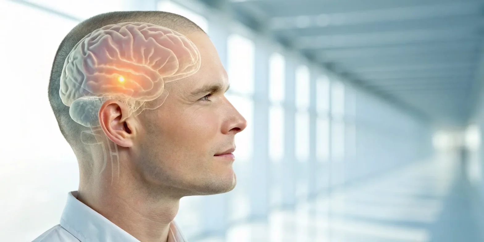 A man's head with a view of the brain showing the impact of a closed head trauma.