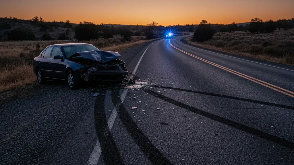 Damaged car on Missouri roadside after a hit-and-run accident at dusk with police lights in background