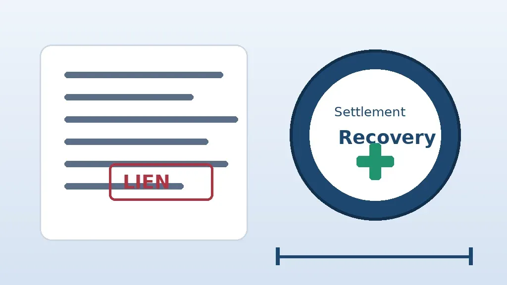 Medical lien document beside a Missouri personal injury settlement recovery graphic
